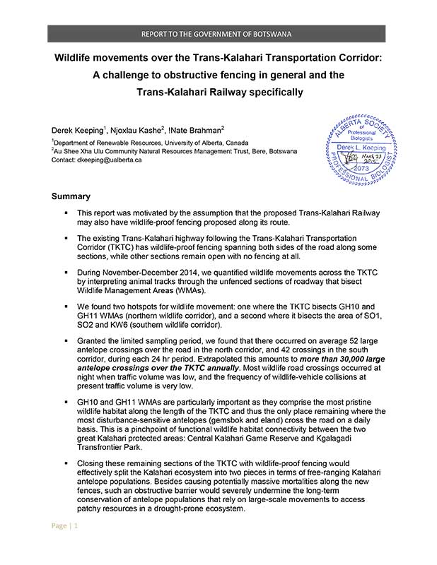 Wildlife movements over the Trans-Kalahari Transportation Corridor report thumbnail
